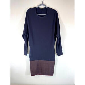 MAJE BLUE LONG SLEEVED JERSEY DRESS WITH LAMBSKIN LEATHER SIZE 1 US SMALL